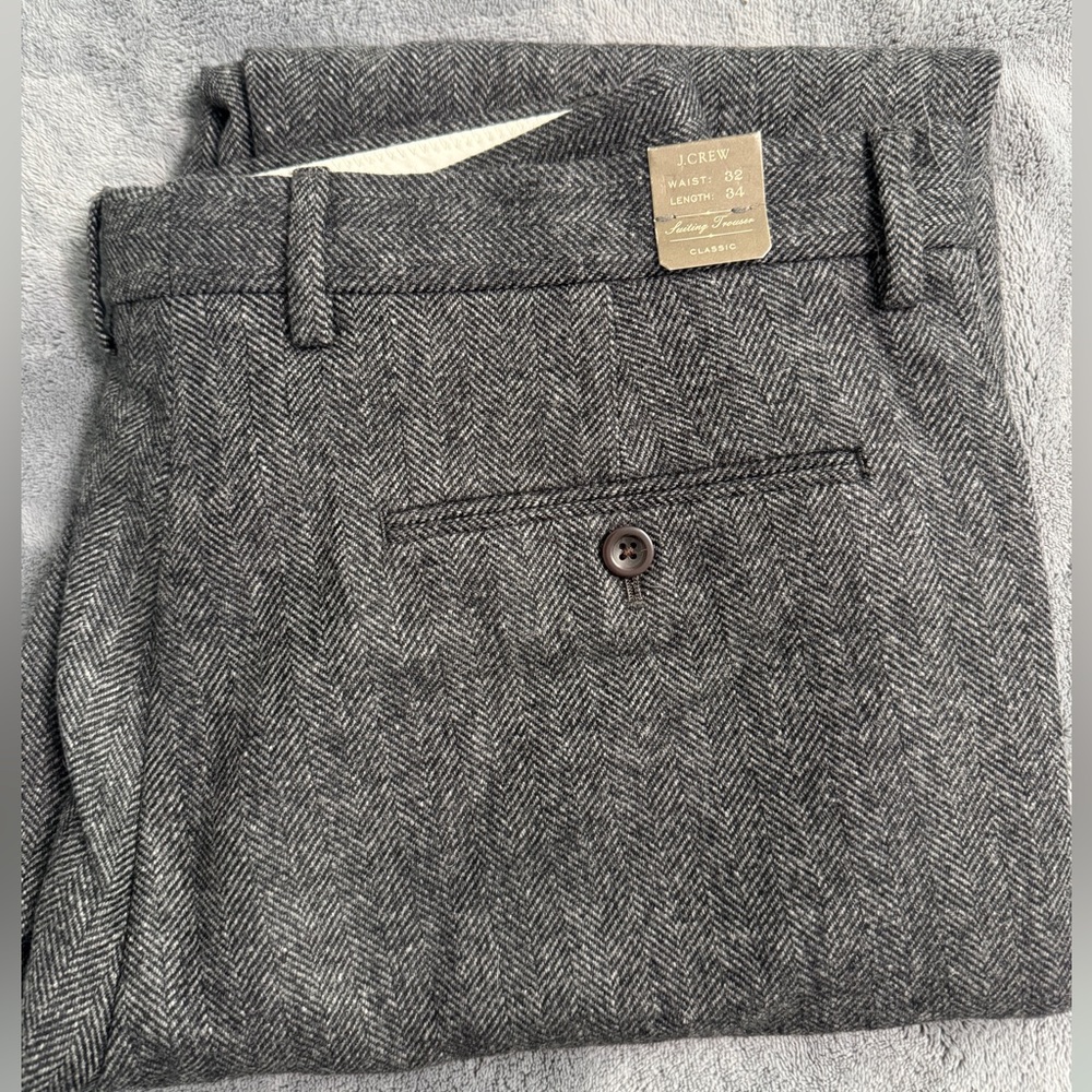 J. Crew Bowery Classic Pant in Charcoal Grey Herringbone Wool Size 32 X 34